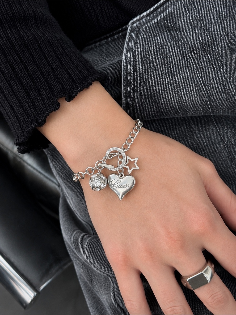 Vintage Y2K Guess Silver Charm Bracelet Heart Logo Rhinestone Star Toggle Chain